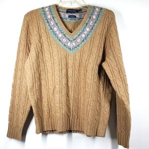 Polo Golf Ralph Lauren Merino Wool Cable Knit Fair Isle V-Neck Sweater L